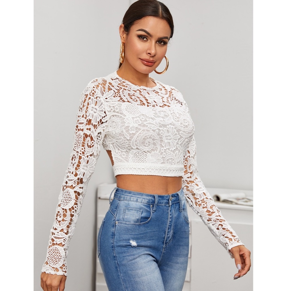 Backless White Lace Long Sleeve Crop Top - Picture 2 of 7